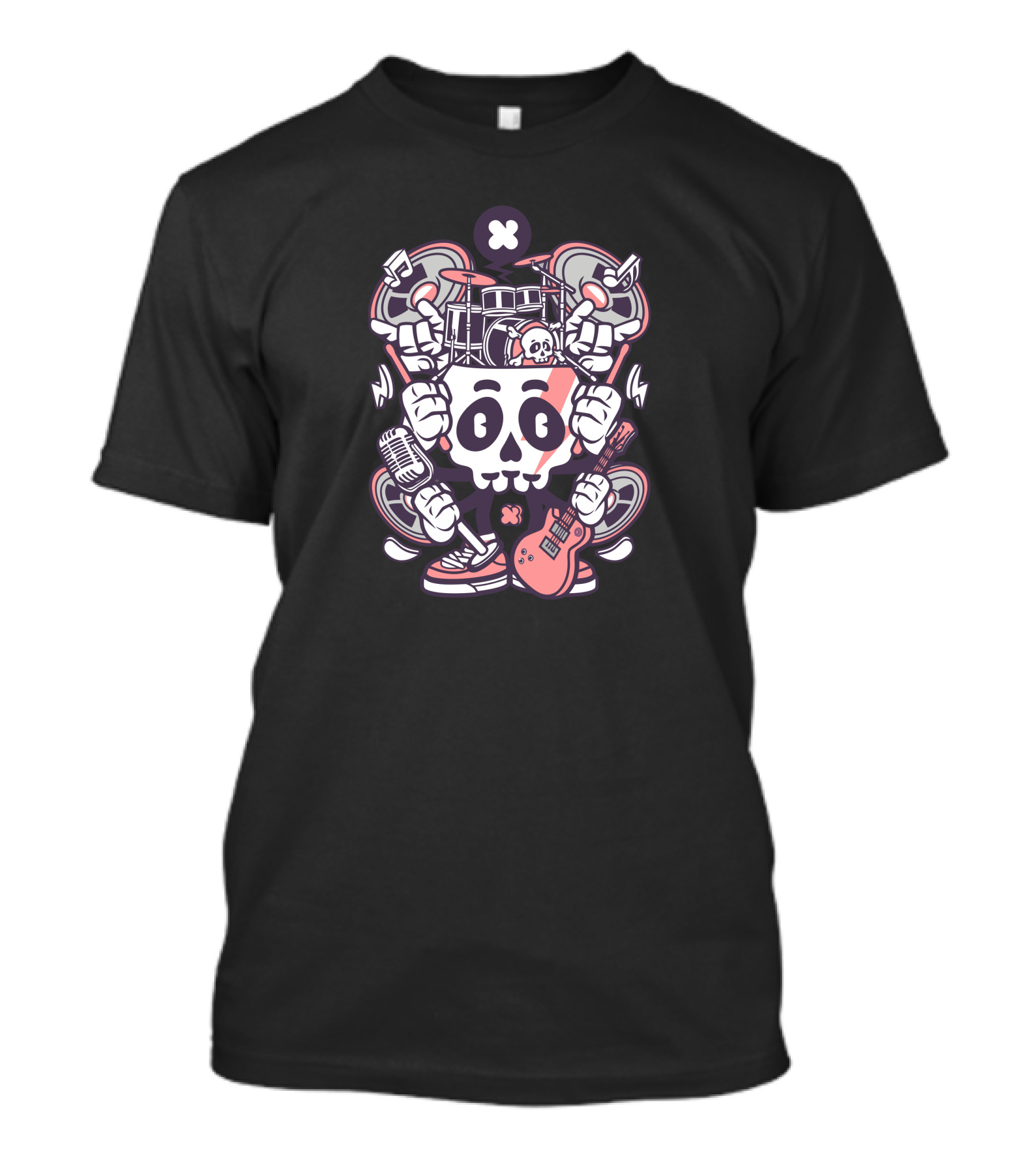 Skull Of Rock Microphone Guitar Drums Sneakers Music Notes T-Shirt
