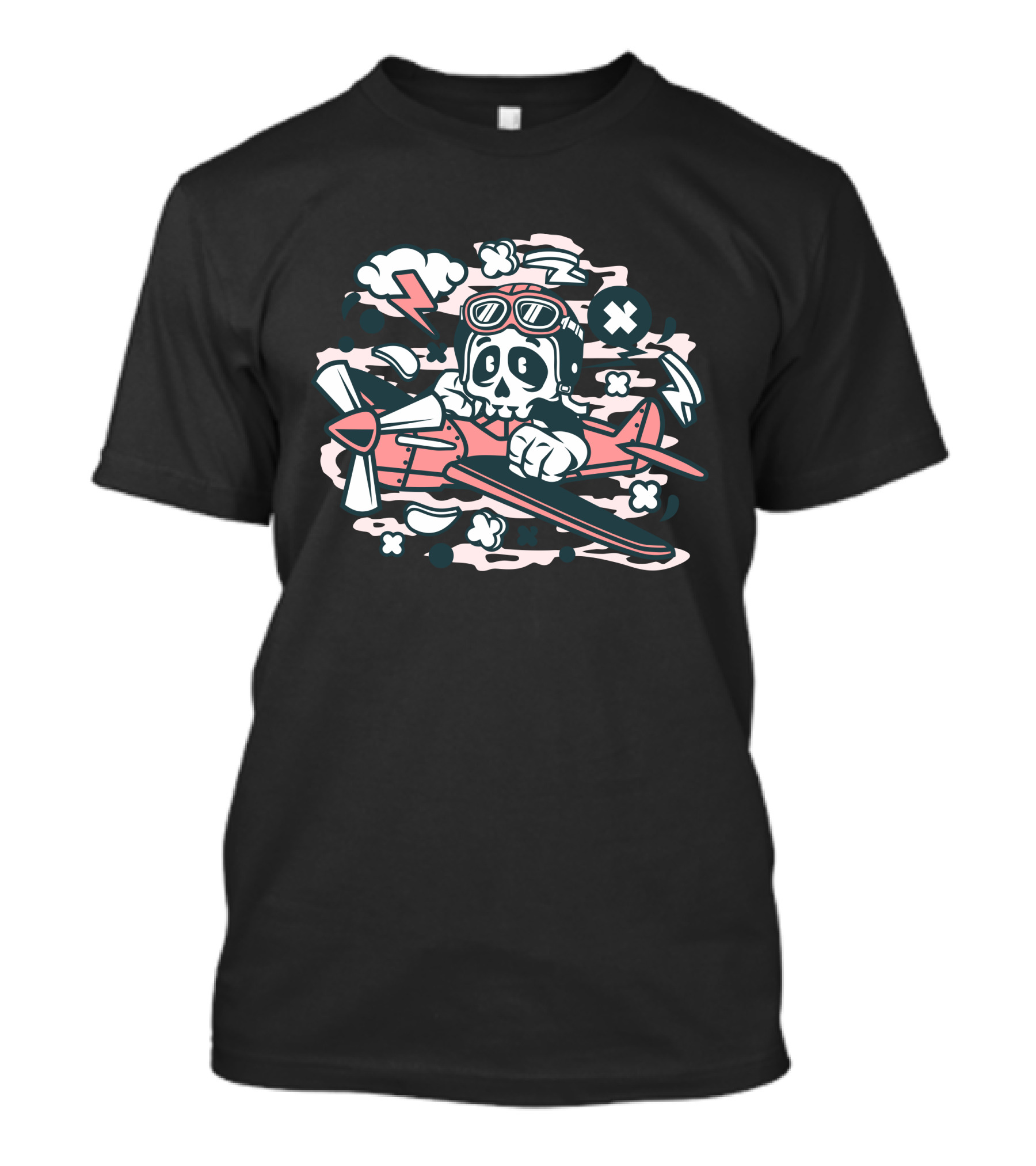 Skull Pilot Flying Vintage Airplane With Clouds And Lightning T-Shirt