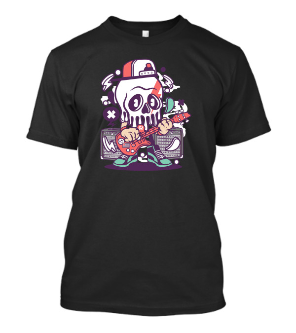 Skull Rock Guitarist Cartoon With Headphones And Amplifiers T-Shirt