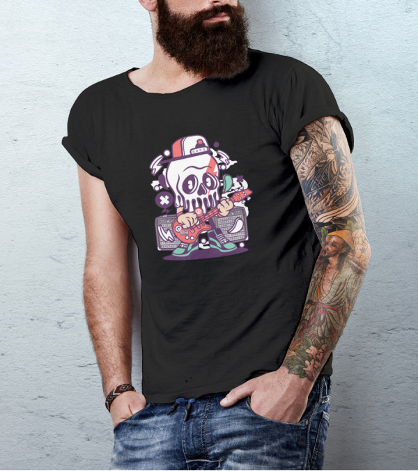 Skull Rock Guitarist Cartoon With Headphones And Amplifiers T-Shirt