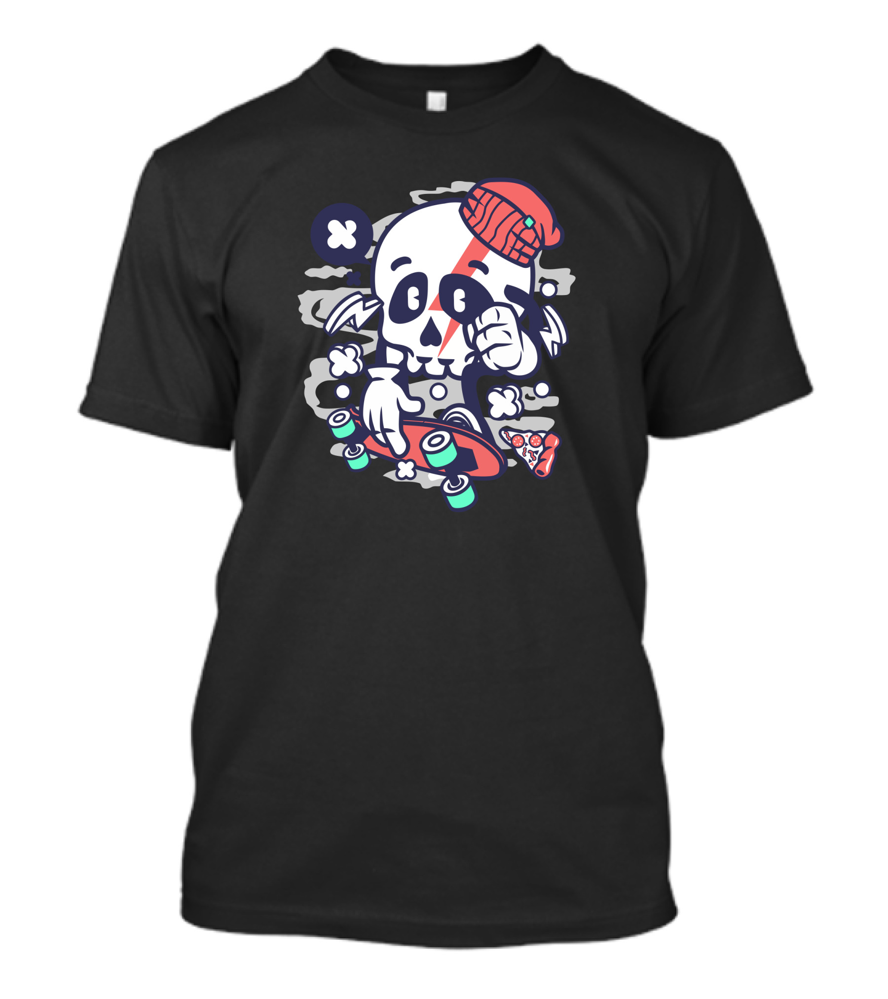 Skull Skateboarding Beanie Wings Pizza Slice Clouds T-Shirt