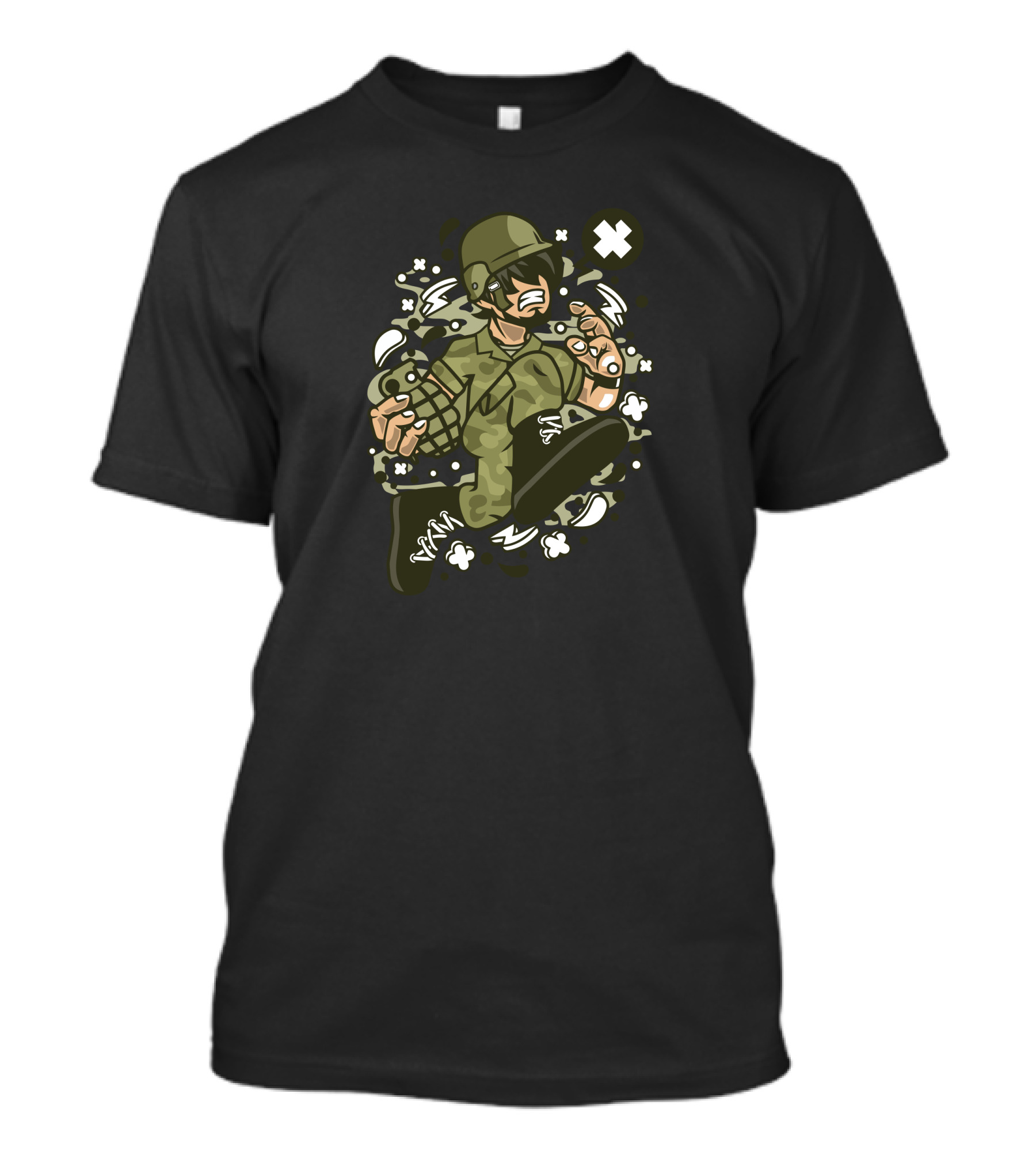 Soldier Running Grenade Jump Action Fighter With Helmet And Boots T-Shirt