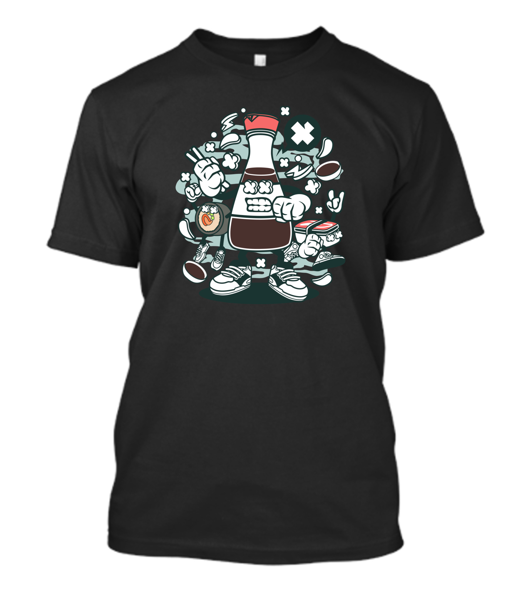 Soy Sauce Cartoon Character With Sneakers And Sushi Elements T-Shirt
