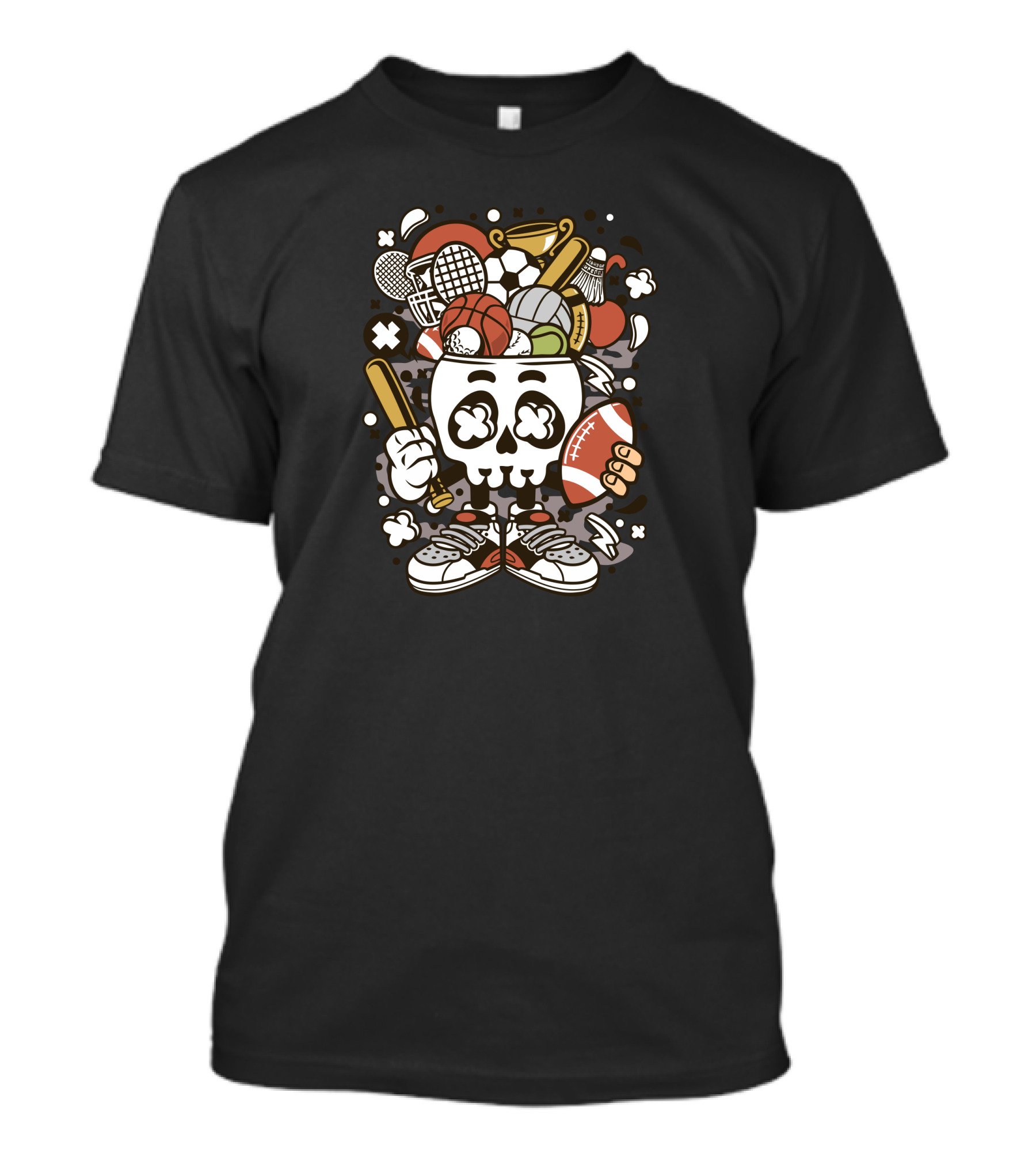 Sports Skull With Baseball Football Tennis Hat Trophy T-Shirt