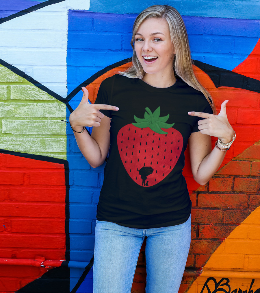 Strawberry Rain Silhouette Under Umbrella With Cat And Raindrops T-Shirt
