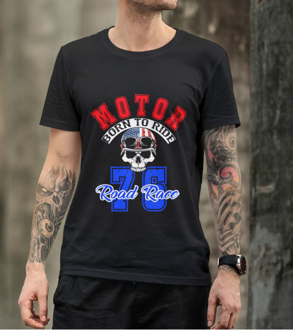Superior Motor Born To Ride Road Race 76 Skull Helmet USA Flag T-Shirt