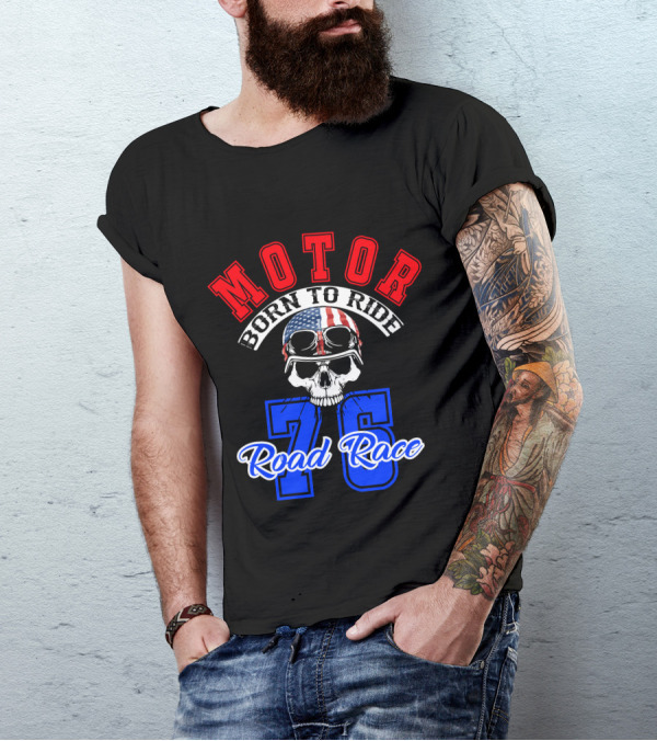 Superior Motor Born To Ride Road Race 76 Skull Helmet USA Flag T-Shirt