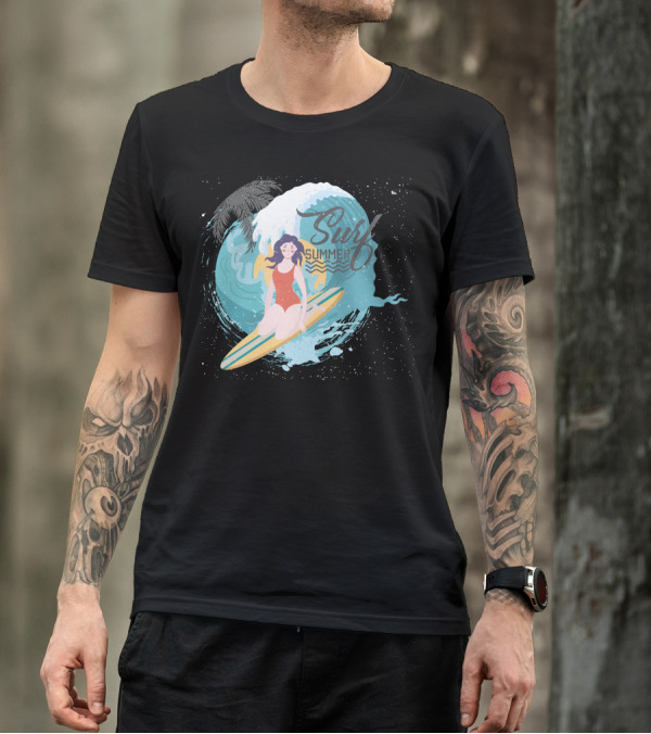 Surf Summer Ocean Wave And Palm Surfing 메탈릭 T-Shirt