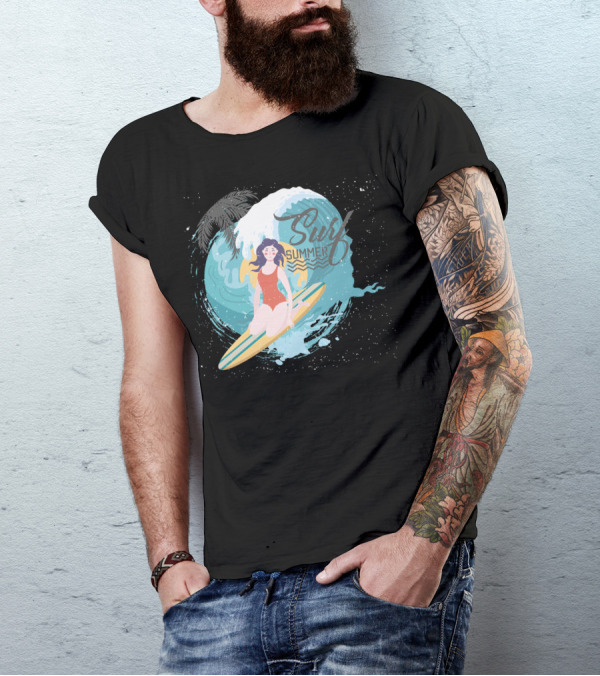 Surf Summer Ocean Wave And Palm Surfing 메탈릭 T-Shirt