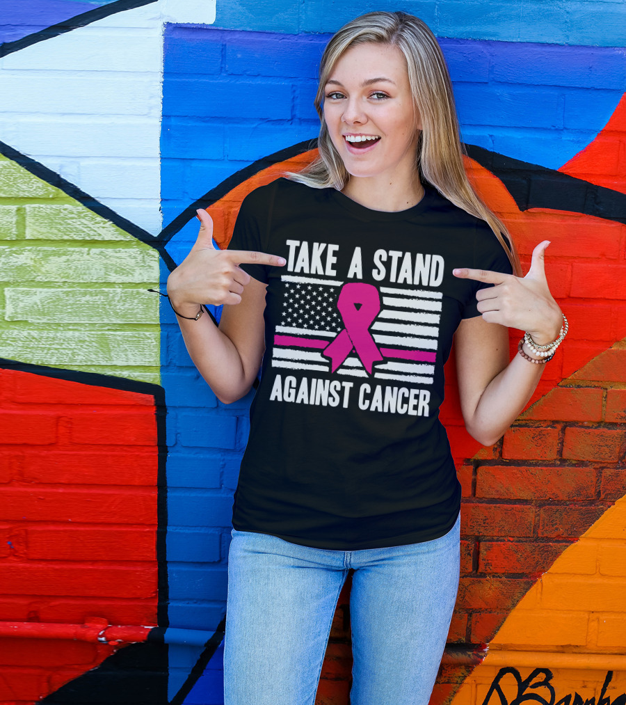 Take A Stand Against Cancer Breast Cancer Awareness Pink Ribbon American Flag T-Shirt