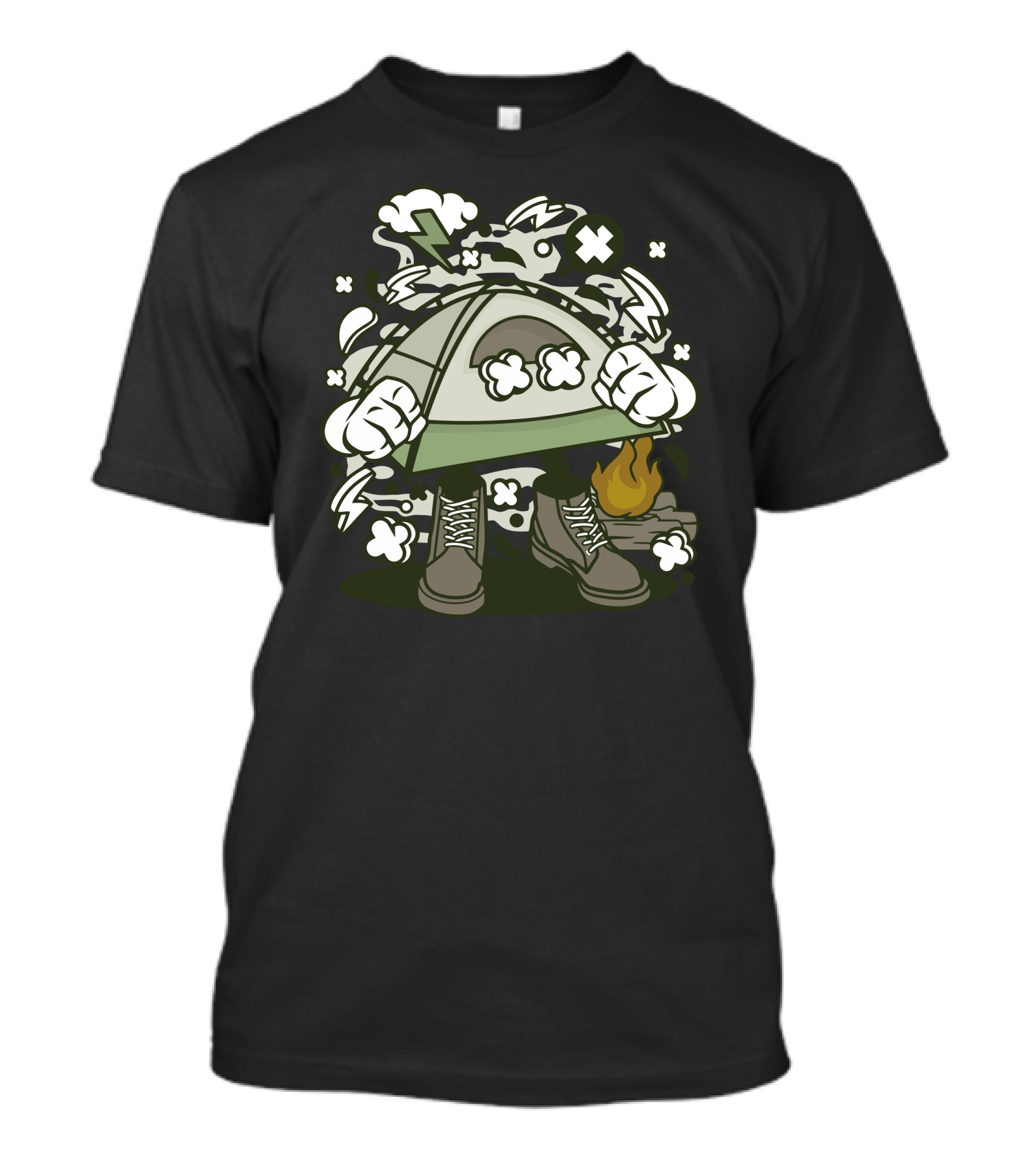 Tent Camp Fire Rage Smoking Clouds Lightning Boots Campfire T-Shirt