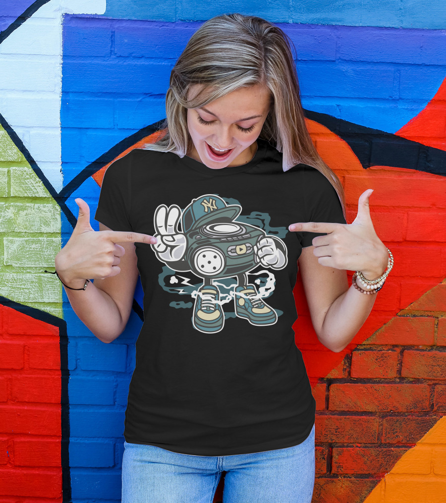 The Beat Hip Hop Radio NYC Style Boombox Character Sneakers Peace Sign T-Shirt