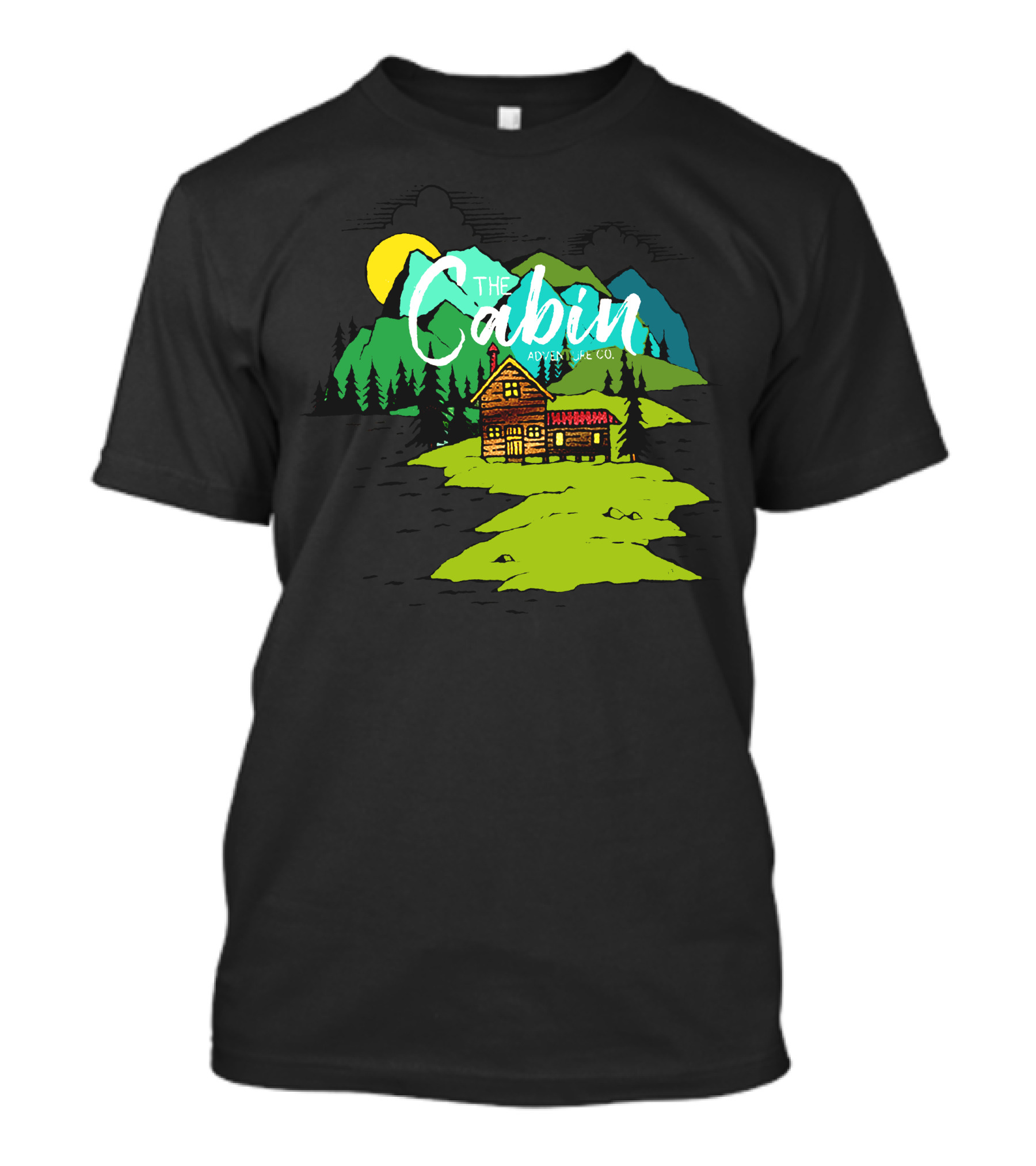The Cabin Adventure Co On Lake With Mountain And Sun Scene T-Shirt
