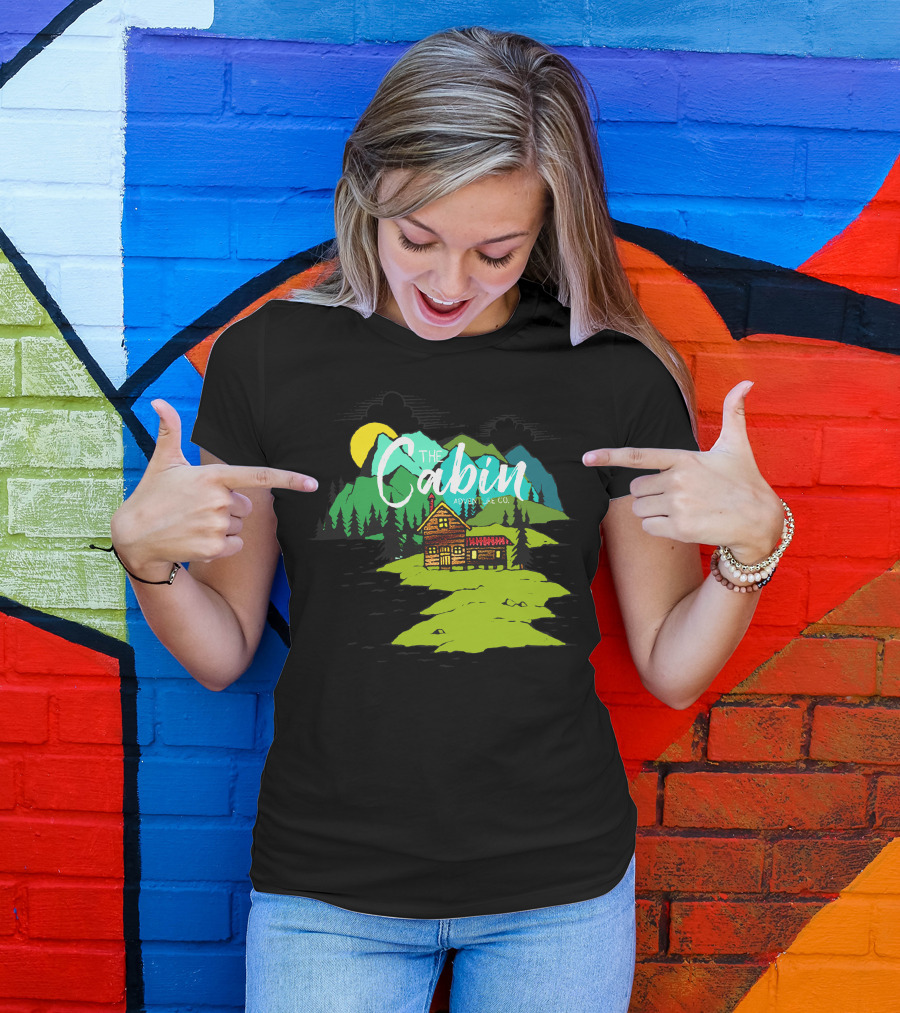 The Cabin Adventure Co On Lake With Mountain And Sun Scene T-Shirt