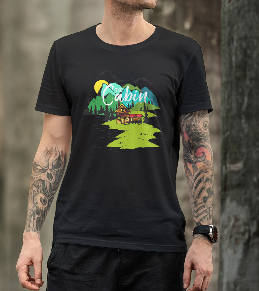 The Cabin Adventure Co On Lake With Mountain And Sun Scene T-Shirt
