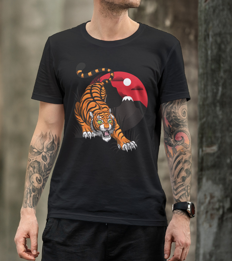 Tiger Roaring Against Red Sunset And Mountain T-Shirt