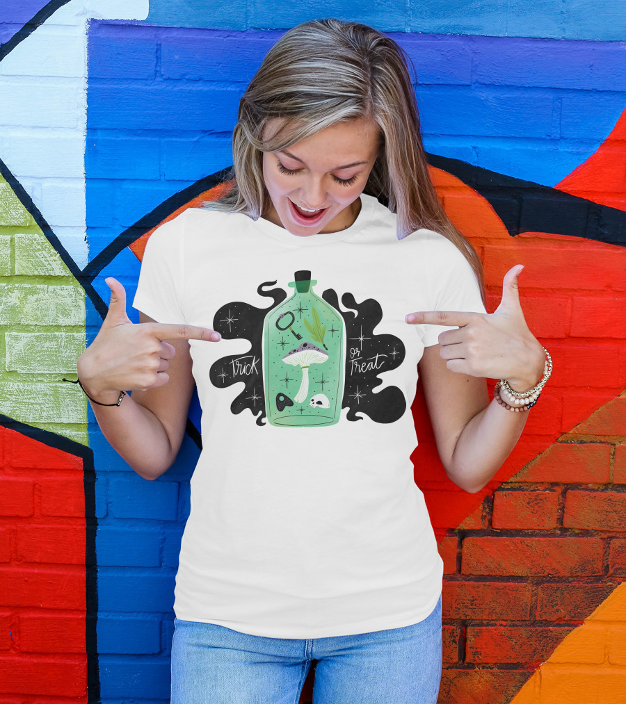 Trick Or Treat Mushroom Potion Bottle With Skulls And Stars T-Shirt