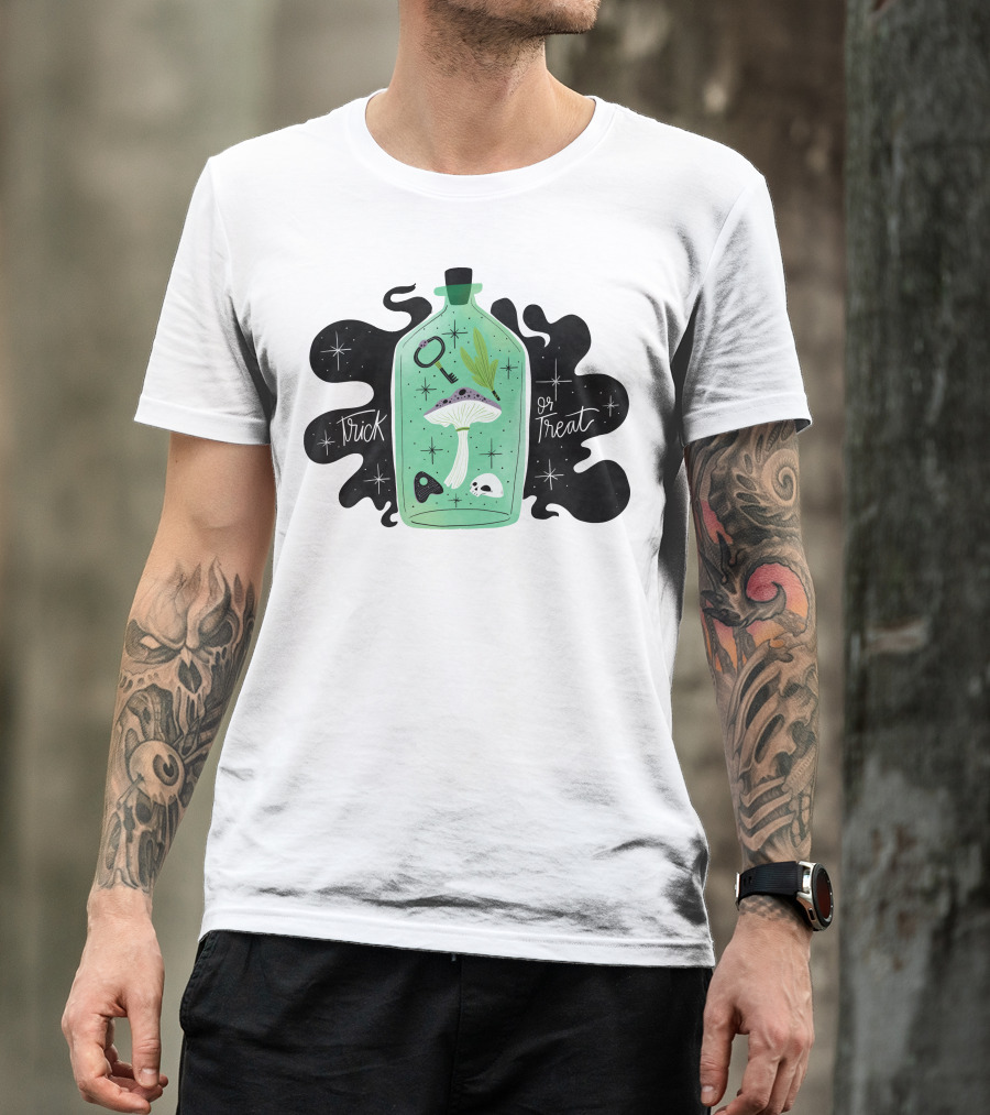 Trick Or Treat Mushroom Potion Bottle With Skulls And Stars T-Shirt