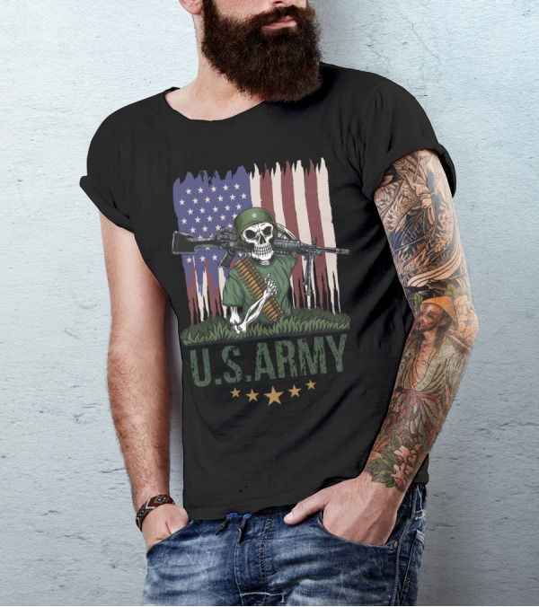 U.S. Army Skull Soldier With Rifle And American Flag Background T-Shirt