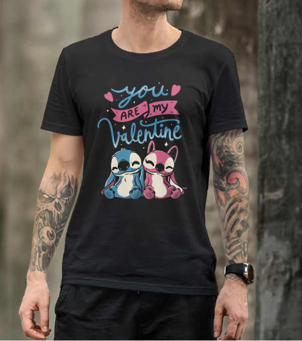 You Are My Valentine Cute Blue And Pink Creature Illustration With Hearts T-Shirt