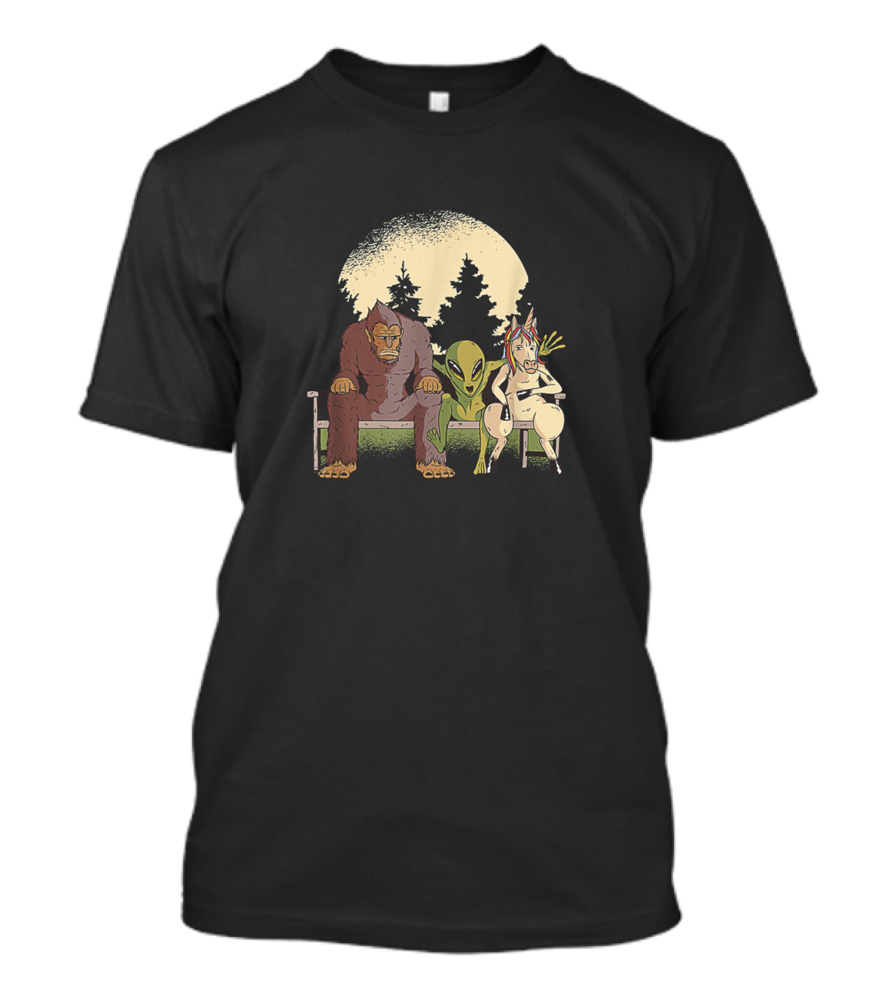 Bigfoot Alien And Unicorn Sitting On Bench Under Moonlight With Forest Silhouette For True Believers T-Shirt