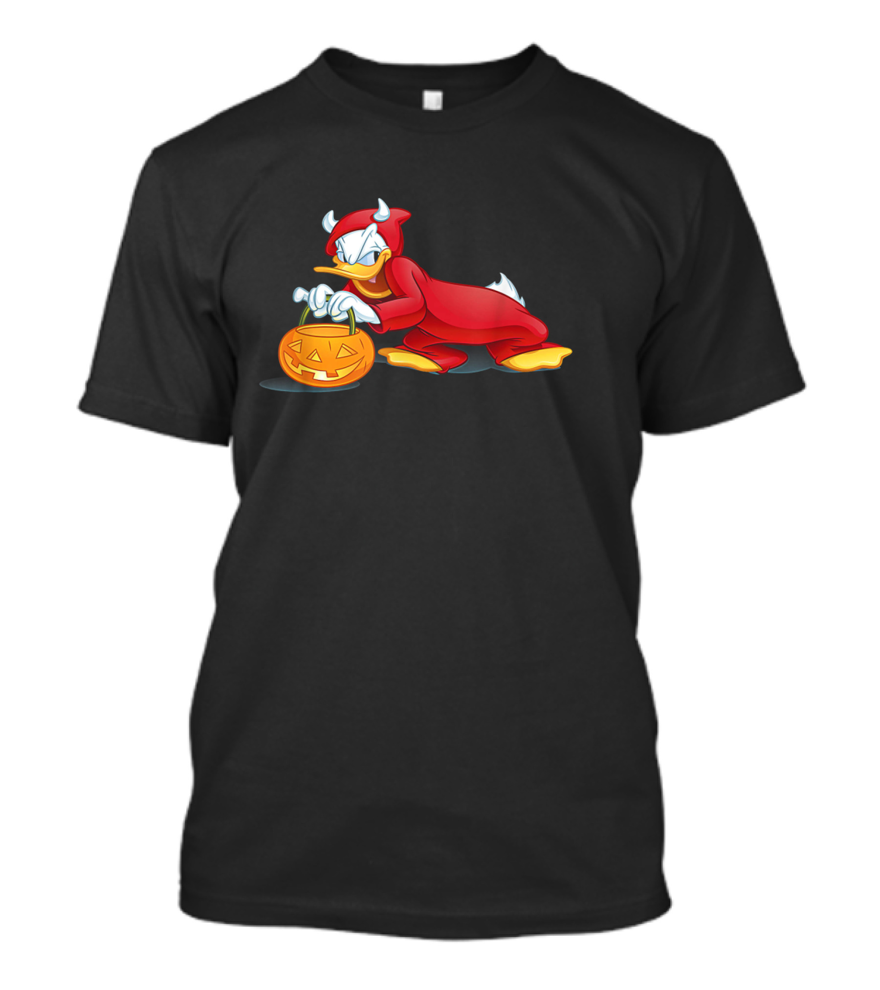 Halloween Devil Donald Duck With Pumpkin Bucket T-Shirt