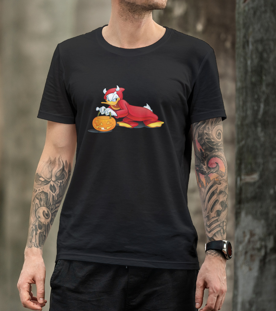 Halloween Devil Donald Duck With Pumpkin Bucket T-Shirt