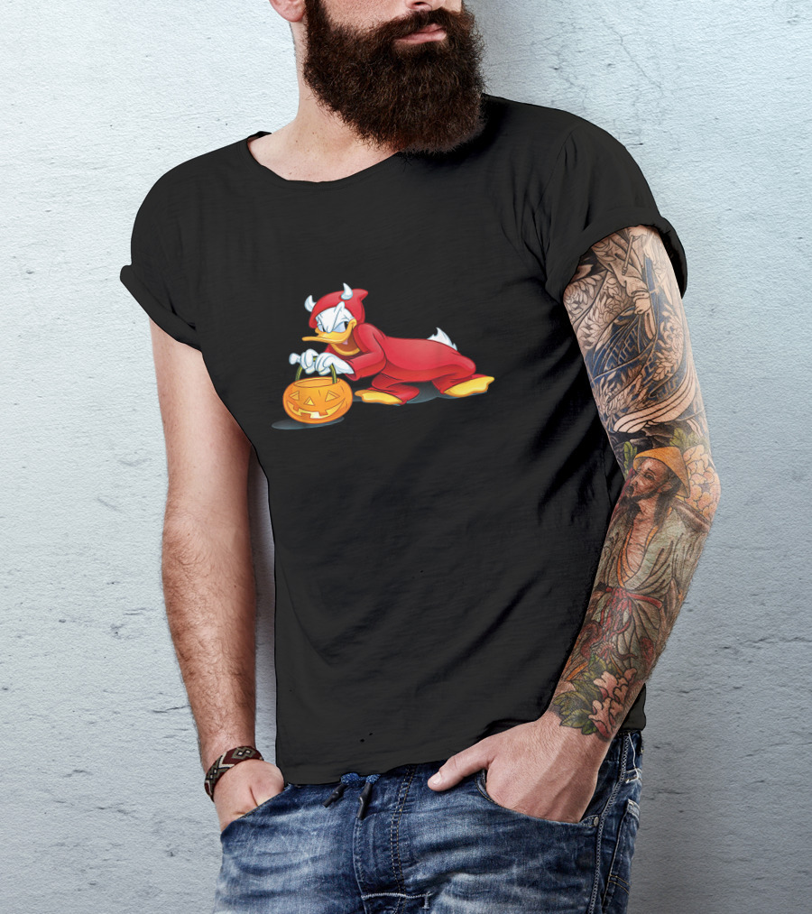 Halloween Devil Donald Duck With Pumpkin Bucket T-Shirt
