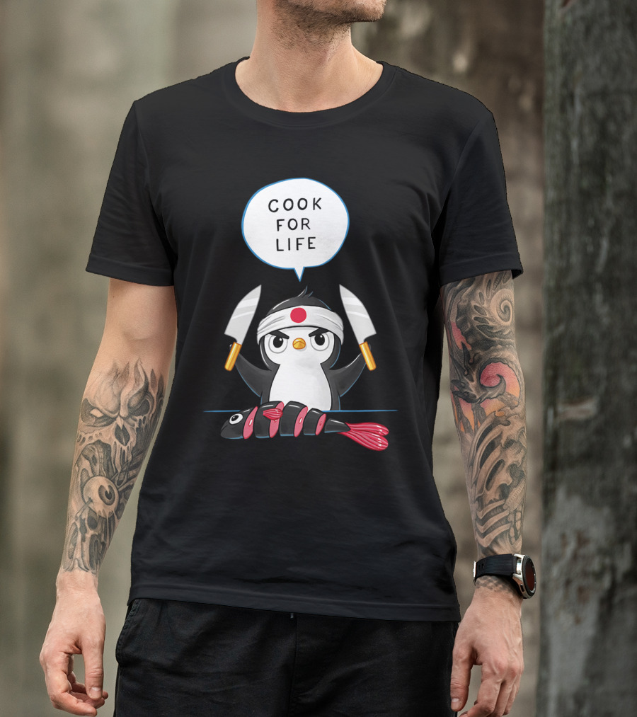 Cook For Life Penguin Chef Sushi Samurai With Knives T-Shirt