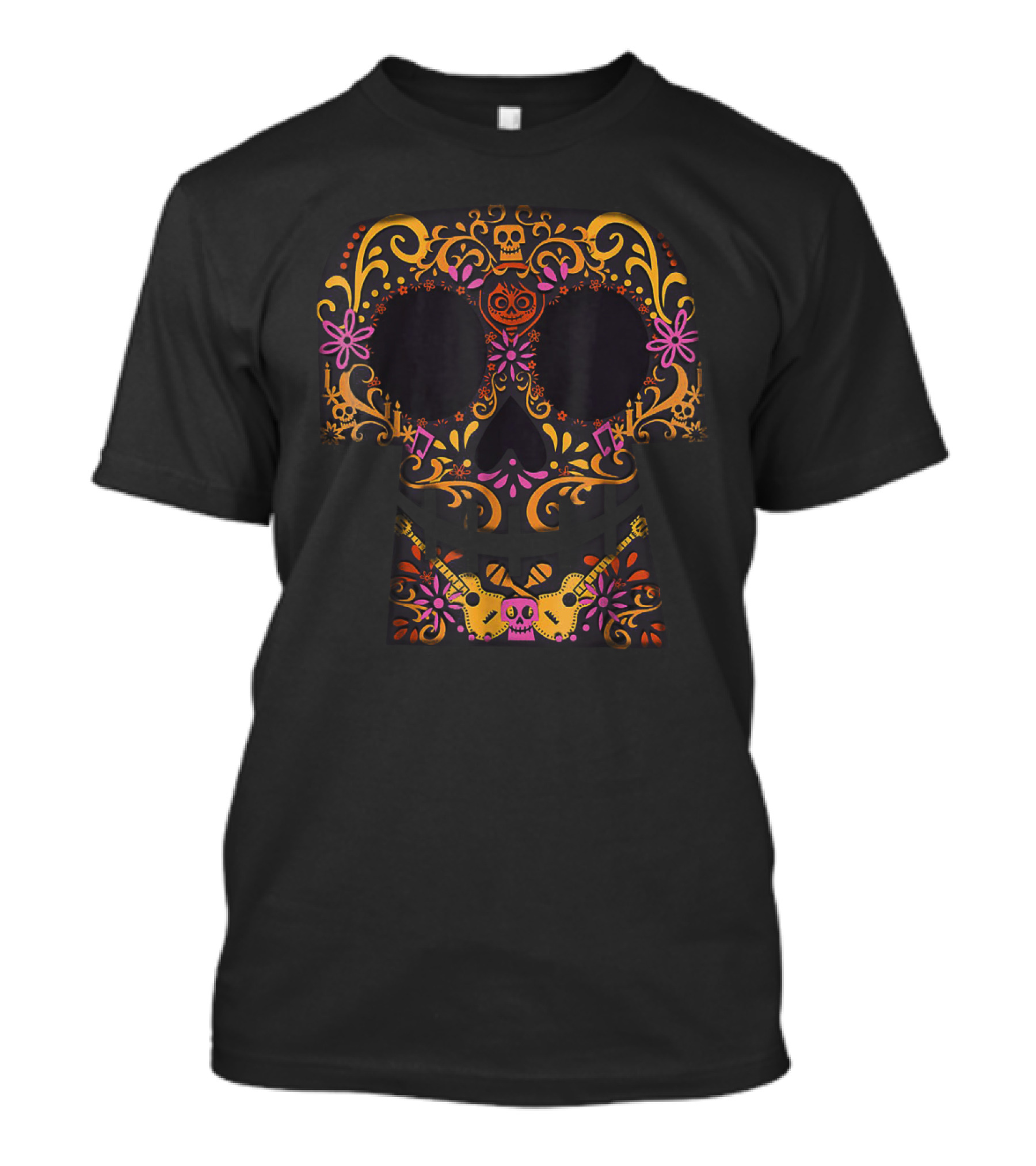 Disney Pixar Coco Dia De Los Muertos Skull With Vibrant Floral Guitar Elements T-Shirt