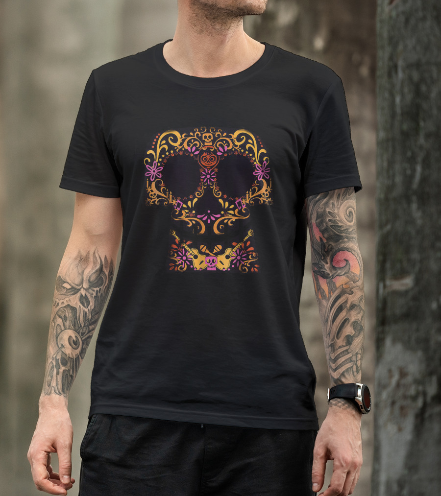 Disney Pixar Coco Dia De Los Muertos Skull With Vibrant Floral Guitar Elements T-Shirt