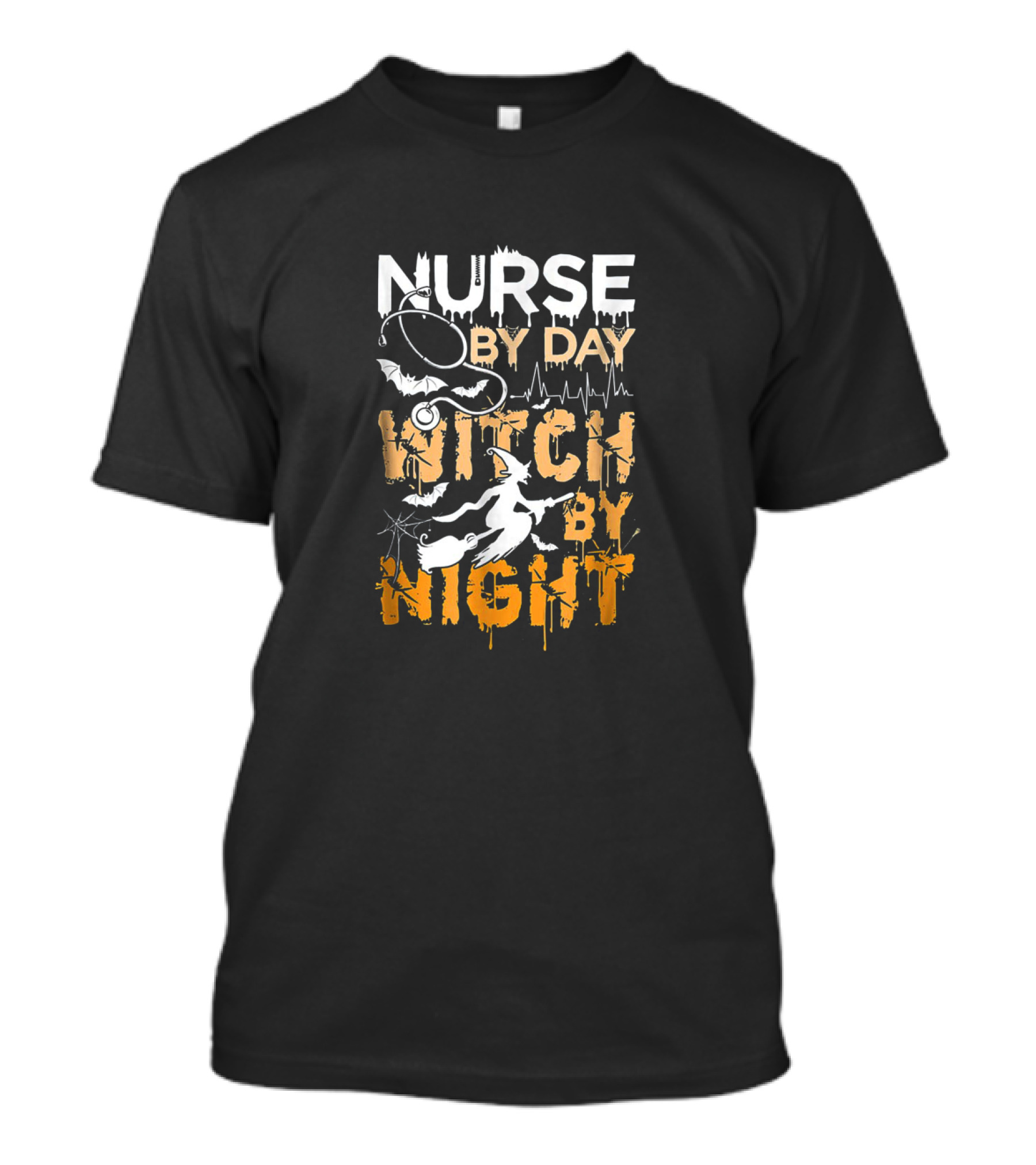 Nurse By Day Witch By Night Stethoscope And Flying Witch Silhouette Halloween T-Shirt