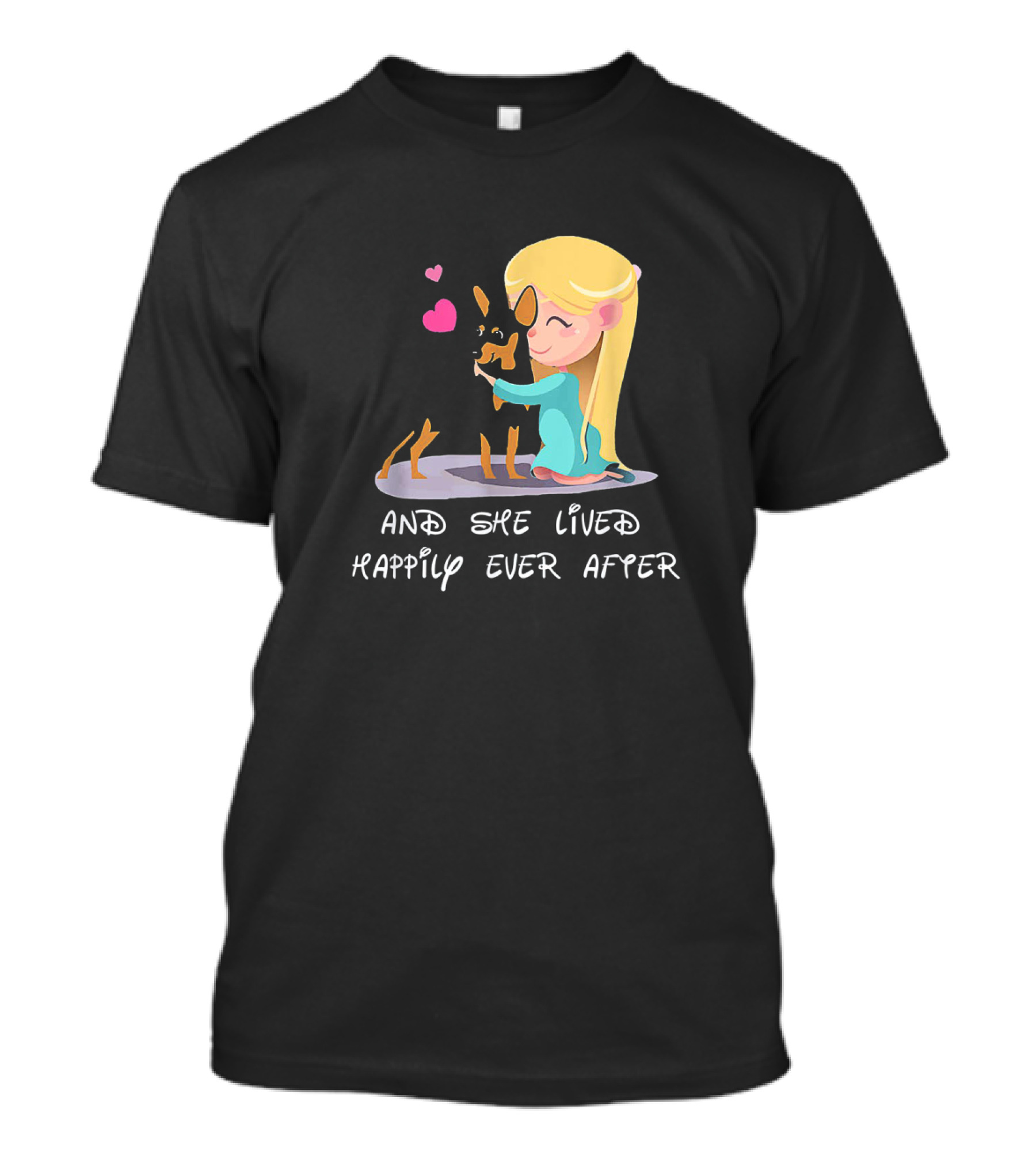 And She Lived Happily Ever After Min Pin Illustration With Hearts And Blonde Girl Hugging Dog T-Shirt