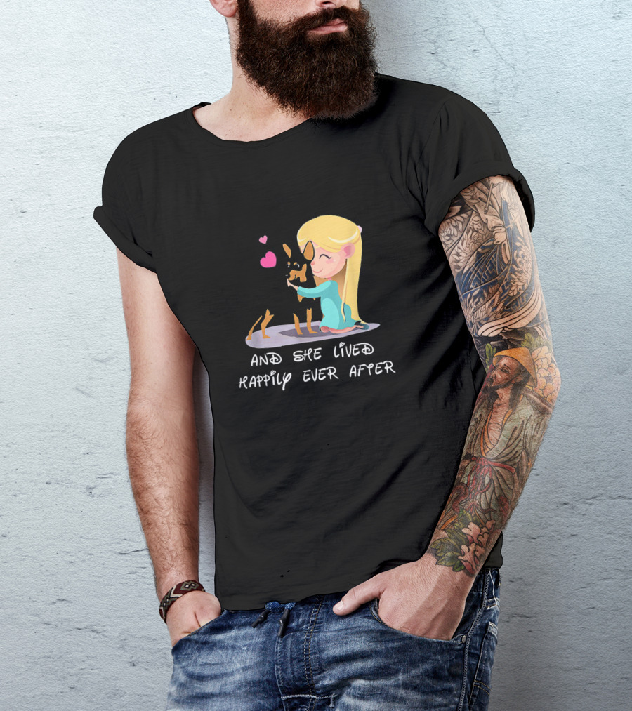 And She Lived Happily Ever After Min Pin Illustration With Hearts And Blonde Girl Hugging Dog T-Shirt
