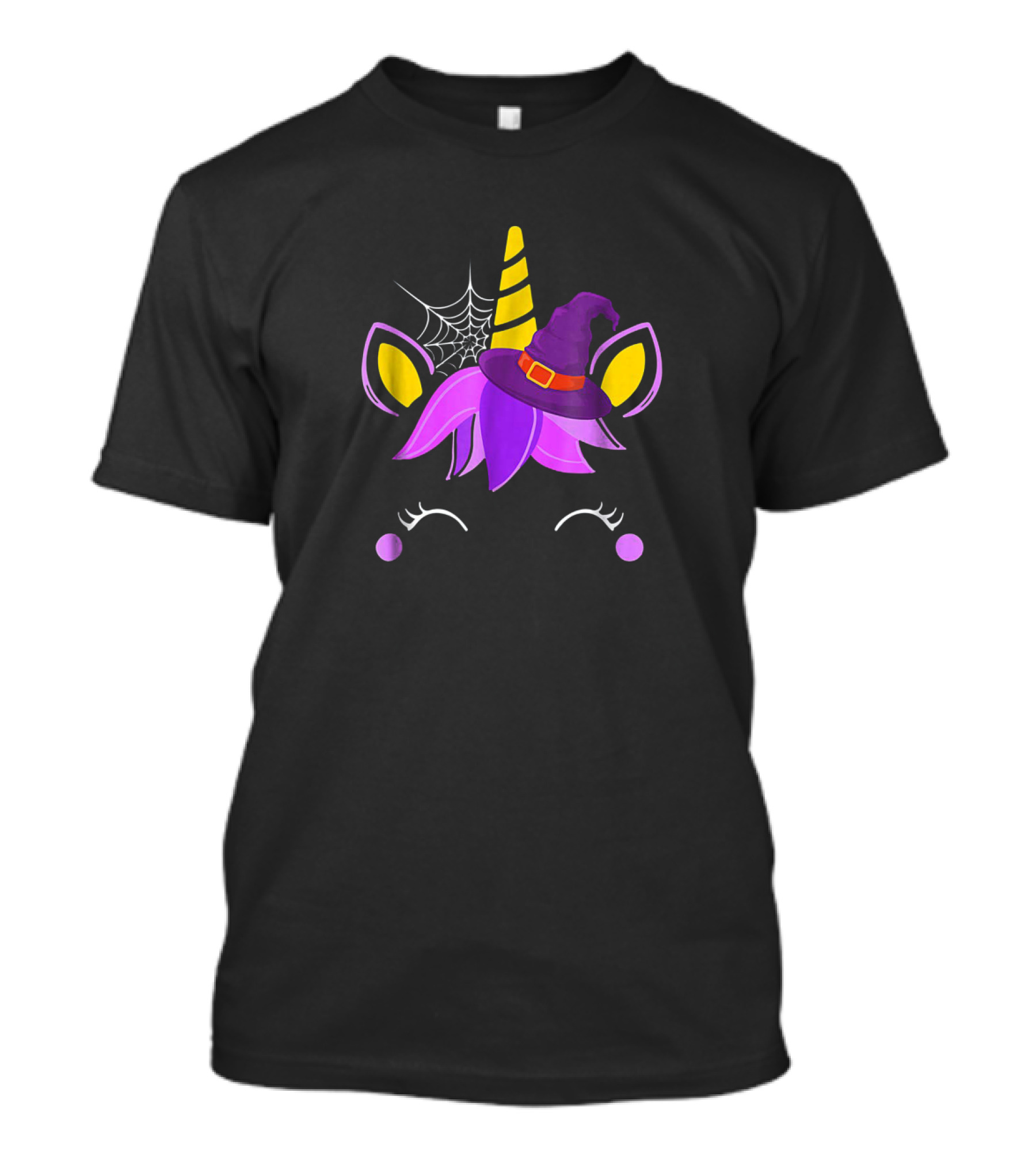 Unicorn Witch Hat With Purple Hair And Spiderweb Halloween T-Shirt