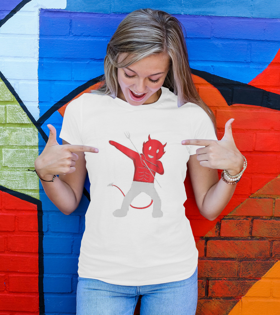 Dabbing Devil Halloween Dab Unny - Red Cartoon Devil Character With Tail And Horns In Popular Dance Pose T-Shirt
