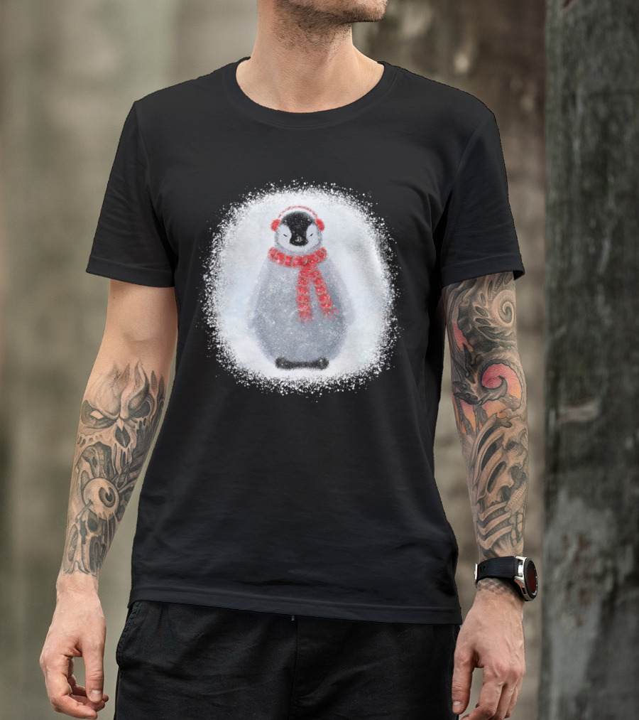 Cozy Frosty Penguin With Red Winter Scarf And Earmuffs T-Shirt