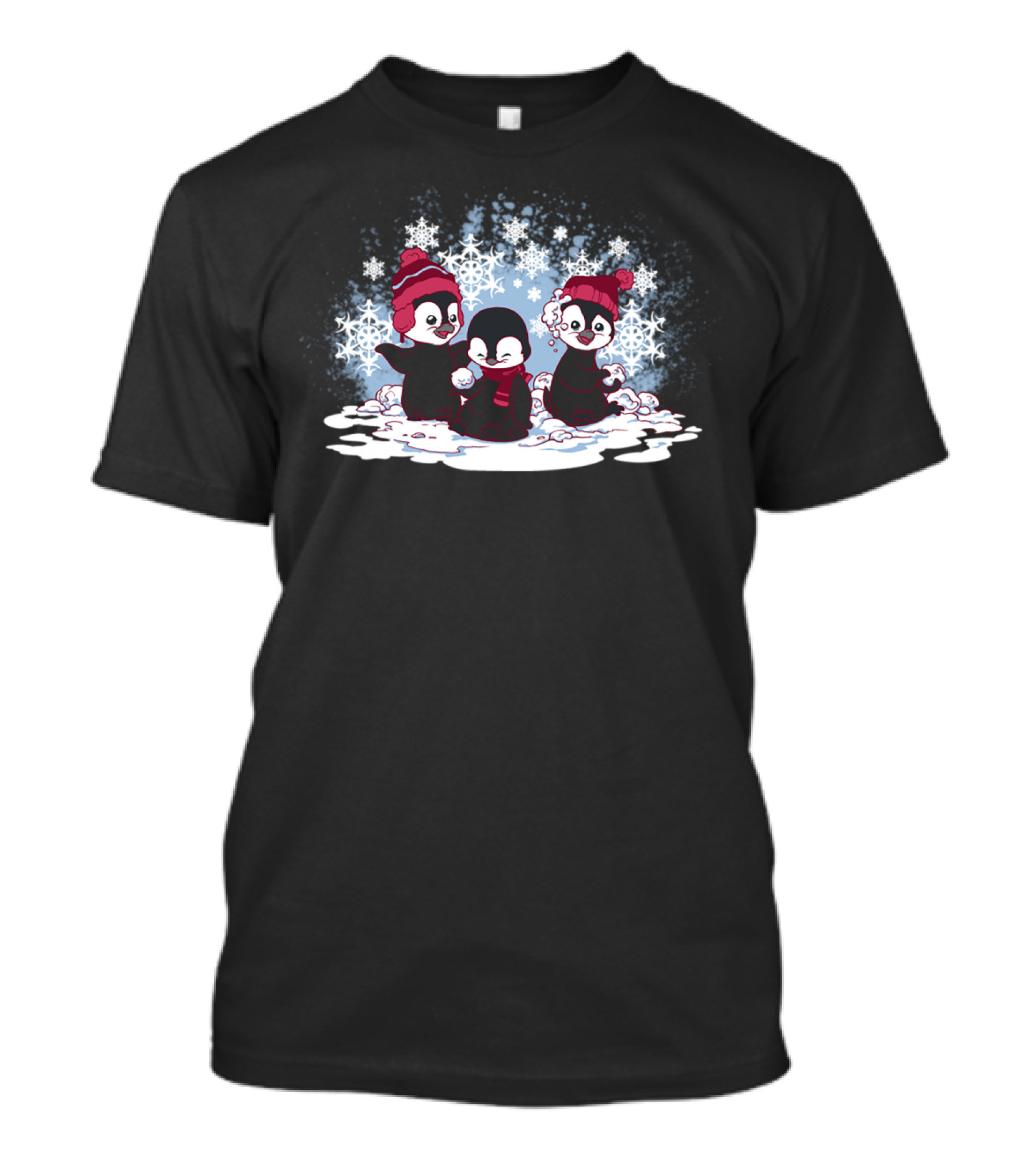 Playful Snow Penguins In Red Winter Hats Surrounded By Snowflakes T-Shirt