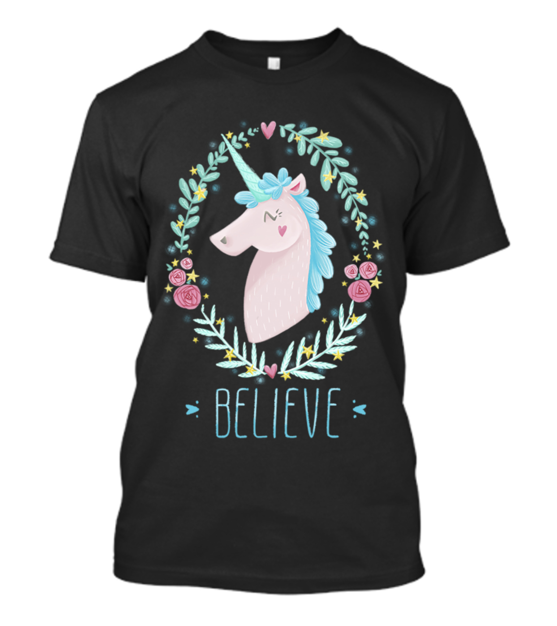 Believe Unicorn Floral Wreath With Stars And Hearts T-Shirt