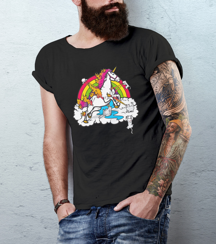 Cats Battling Unicorn On Rainbow Cloud Showdown T-Shirt