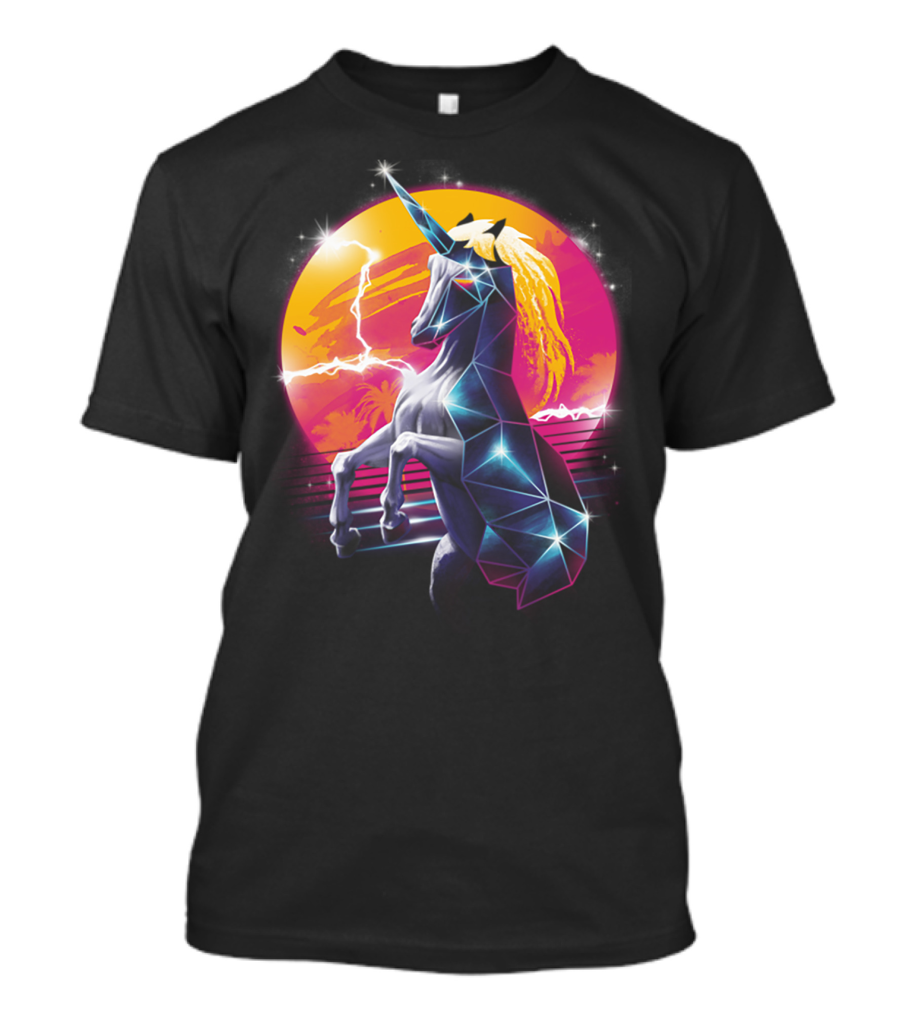 Retro Synthwave Geometric Unicorn With Neon Sunburst And Lightning T-Shirt