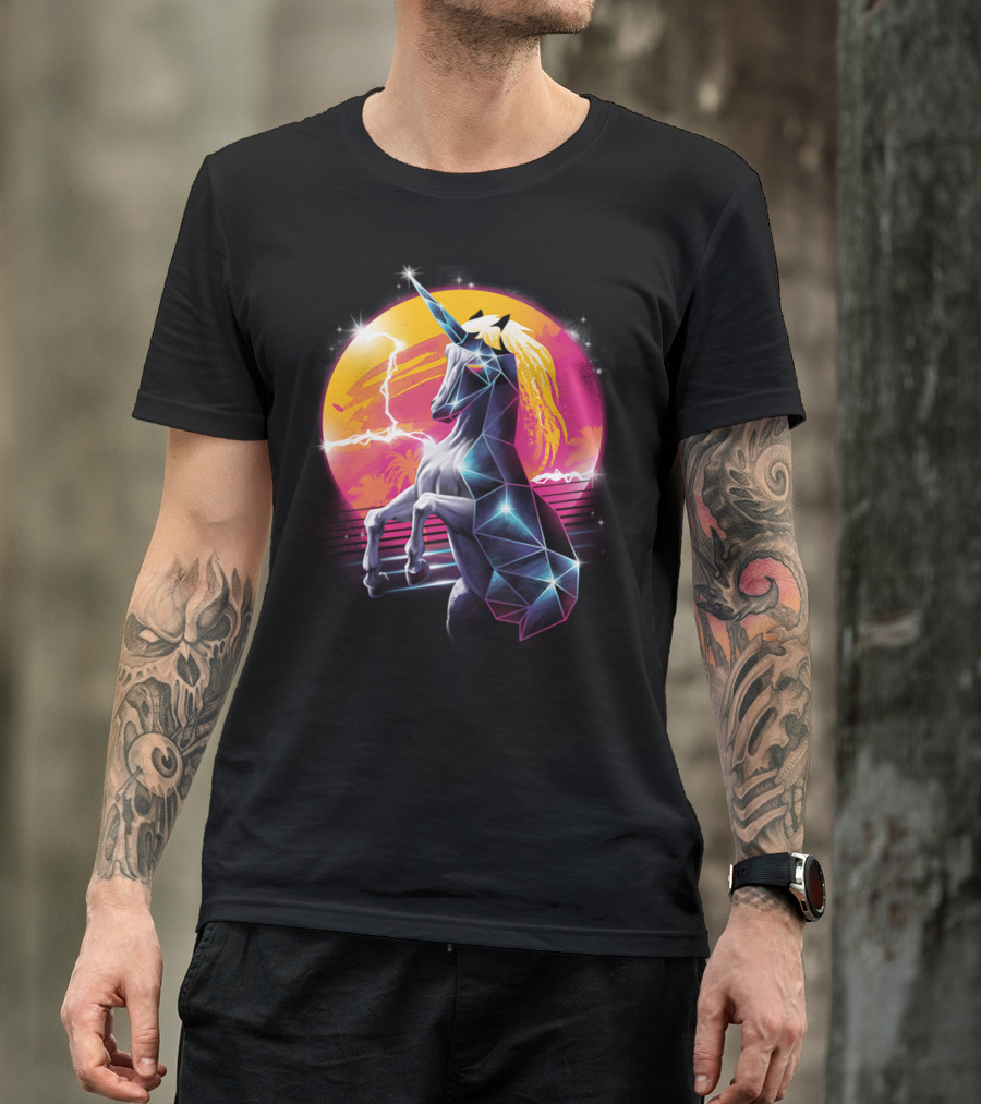 Retro Synthwave Geometric Unicorn With Neon Sunburst And Lightning T-Shirt
