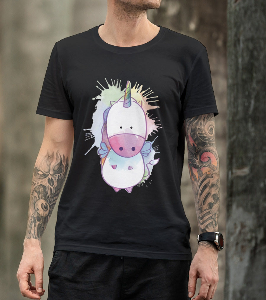 Whimsical Watercolor Pastel Unicorn With Colorful Splash Background T-Shirt