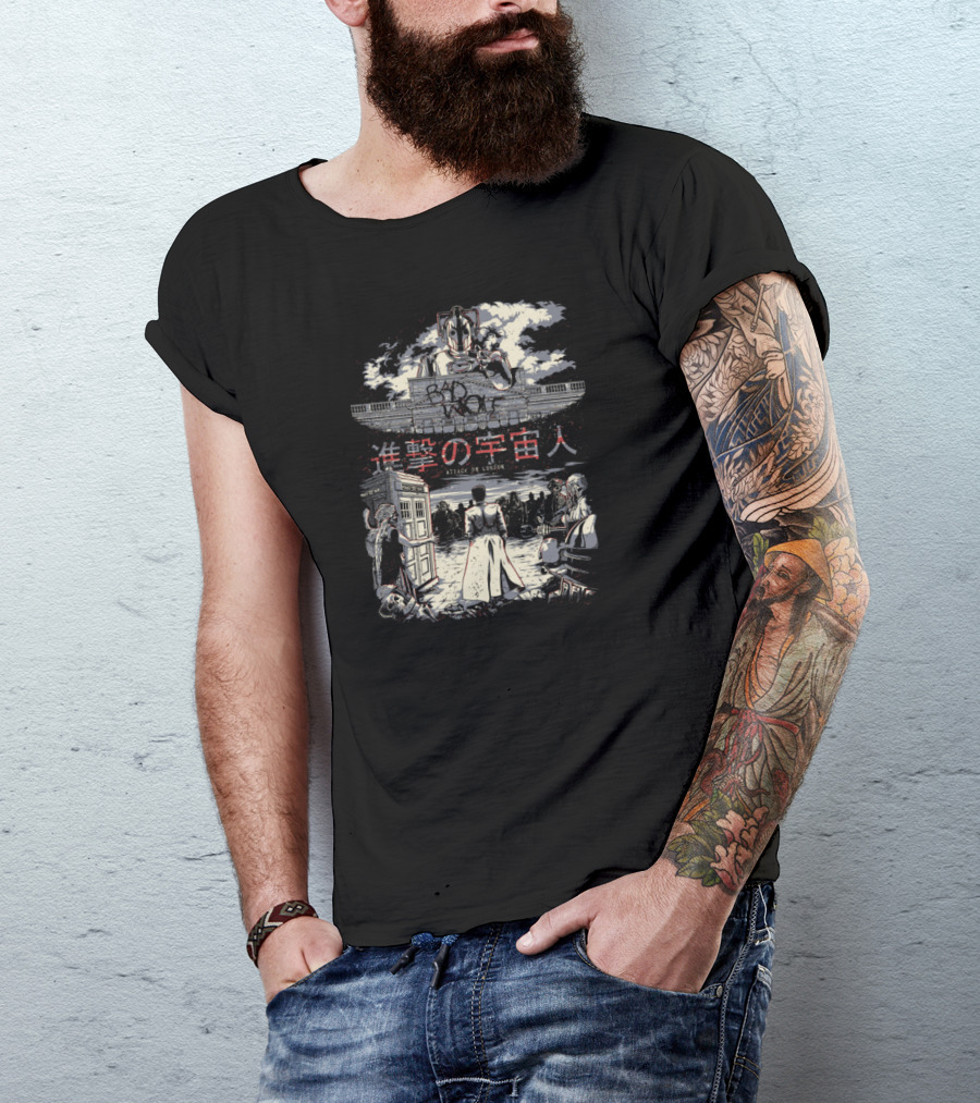 Bad Wolf Doctor Who Cyberman Attack De Londres Japanese Text T-Shirt