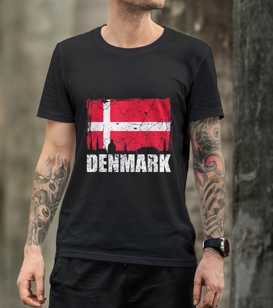 Denmark Flag With City Silhouette And Textured T-Shirt
