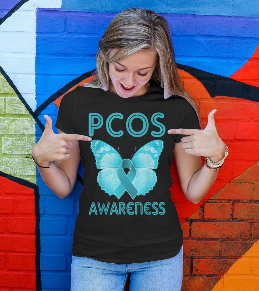 PCOS Awareness Butterfly Teal Ribbon Polycystic Ovary Syndrome T-Shirt