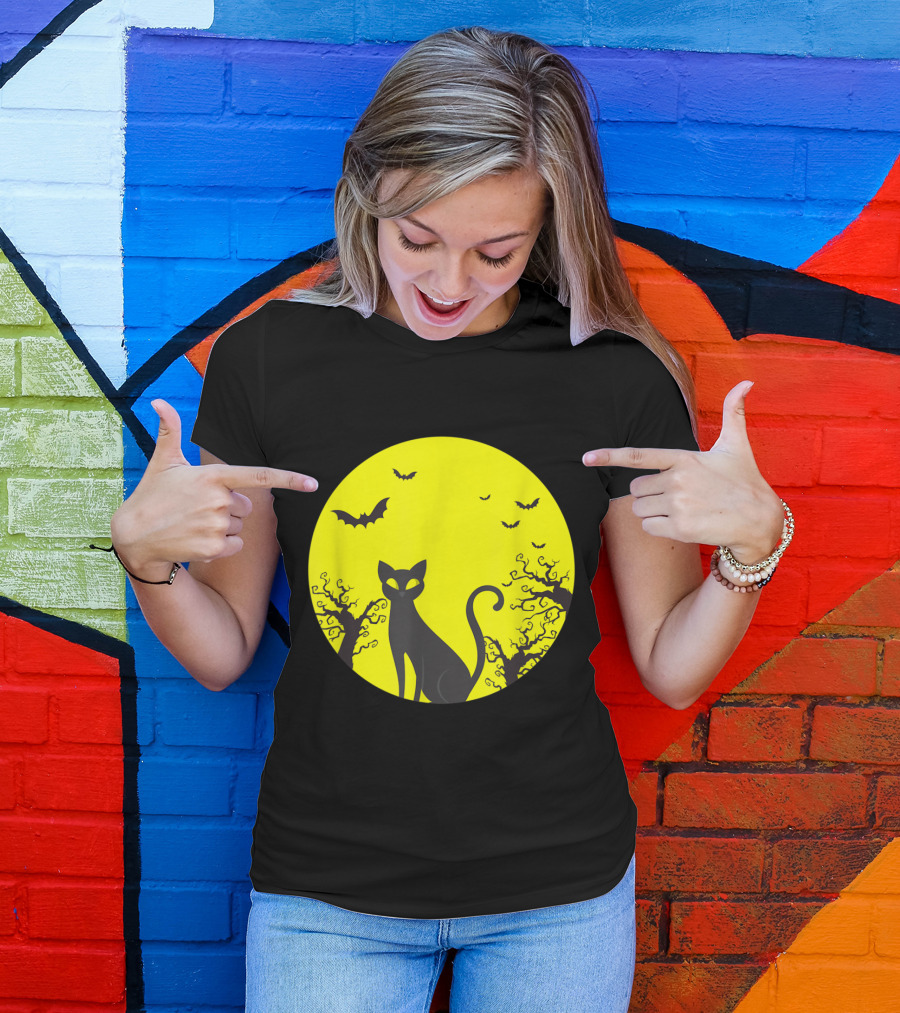 Halloween Cat Lover Moonlit Silhouette With Bats T-Shirt