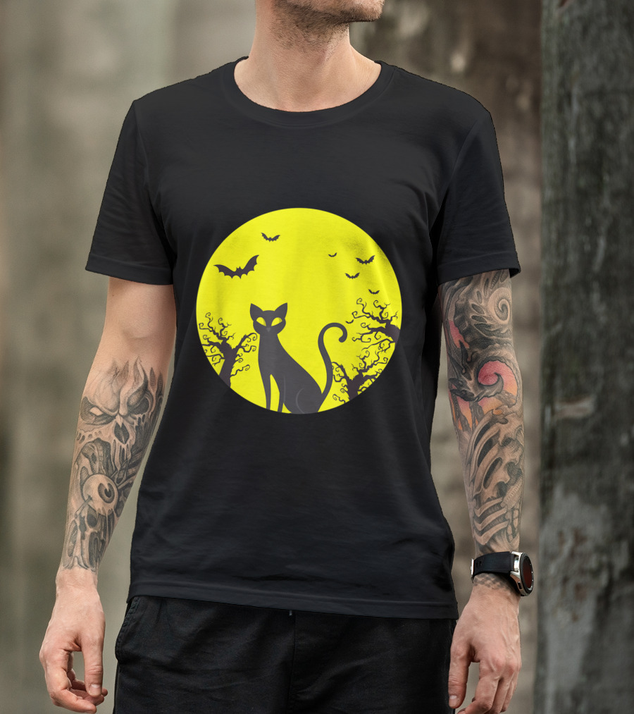 Halloween Cat Lover Moonlit Silhouette With Bats T-Shirt
