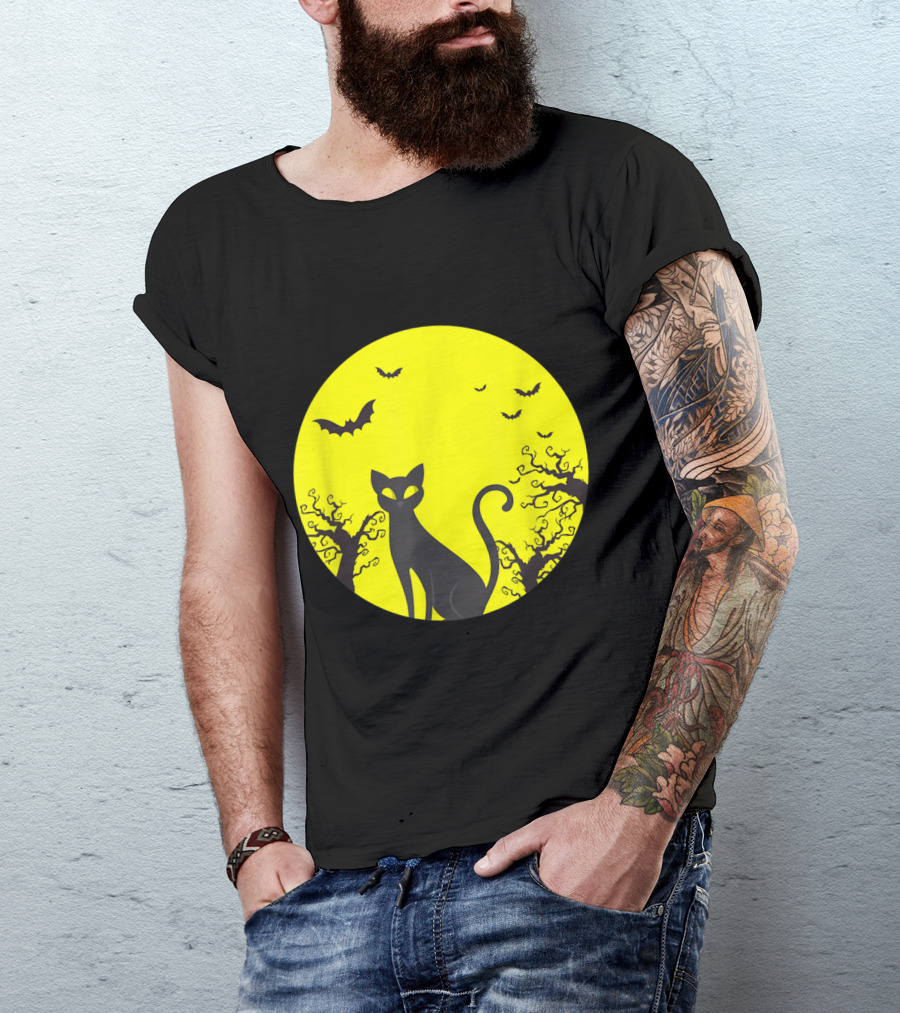 Halloween Cat Lover Moonlit Silhouette With Bats T-Shirt