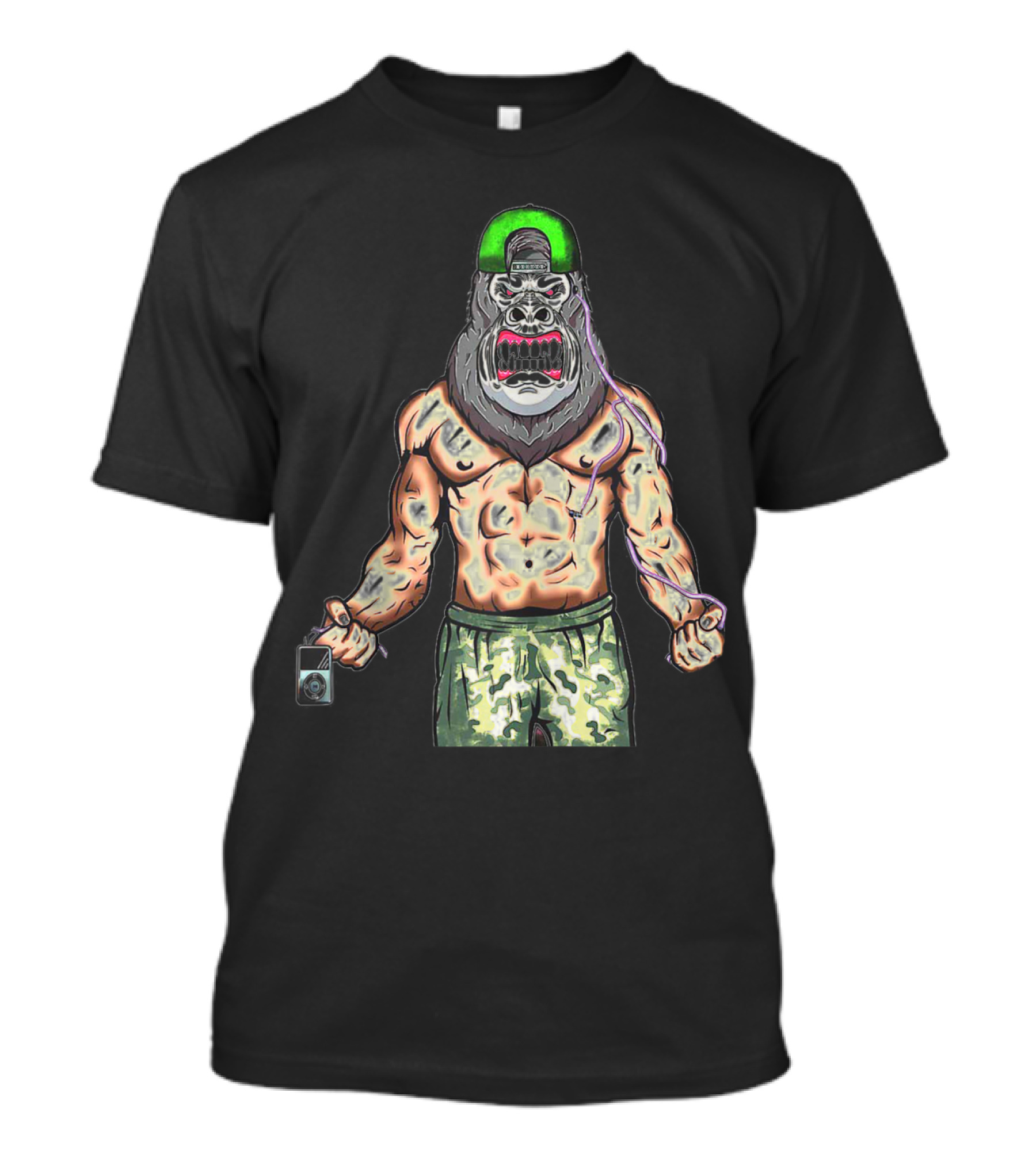 Gorilla Scary Ape Muscular Camouflage Pants Snapback Hat Grotesque Mask Photo Holder T-Shirt